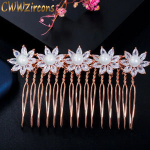 CZ Flower Pearl Wedding Bridal Hair Comb A009