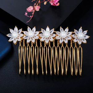 CZ Flower Pearl Wedding Bridal Hair Comb A009