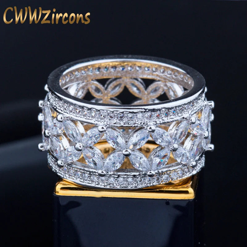CWWZircons Hollow Out Big Round CZ Rings for Women Wedding Party R052