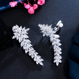 CWWZircons Long Leaf Drop Clip On Ear Non Pierced Earrings CZ404
