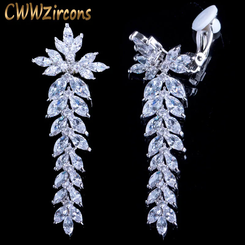 CWWZircons Long Leaf Drop Clip On Ear Non Pierced Earrings CZ404