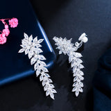 CWWZircons Long Leaf Drop Clip On Ear Non Pierced Earrings CZ404