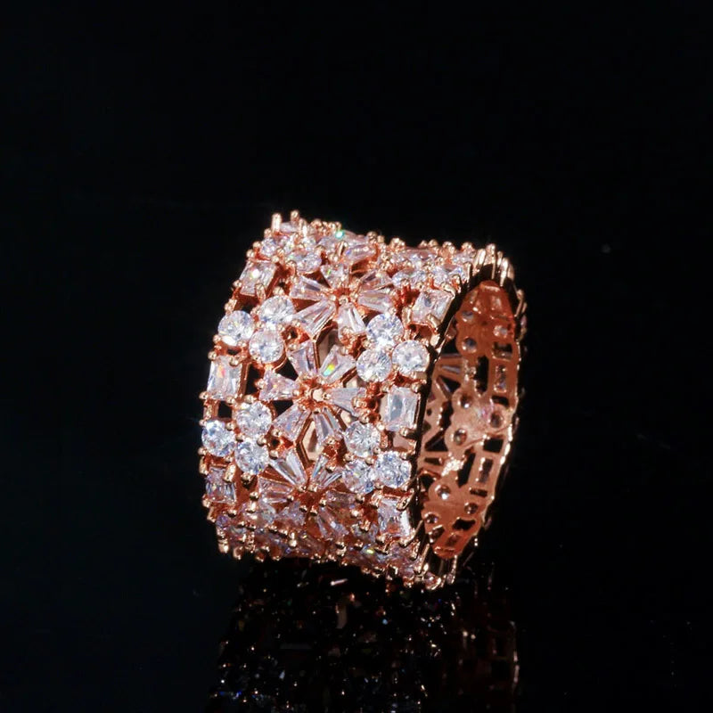 CWWZircons 585 Rose Plated CZ Flower Big Wedding Ring for Women