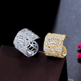 CZ Plated Big Open Cuff Adjustable Engagement Party Ring for Wedding Women