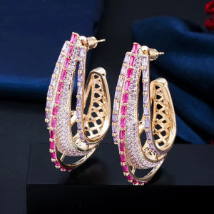 CWWZircons Chunky Round Circle Purple Pink CZ Crystal Hoop Earrings