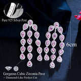 Pink CZ Crystal Tassel Drop Earrings for Women Wedding Party Jewelry
