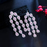 Pink CZ Crystal Tassel Drop Earrings for Women Wedding Party Jewelry