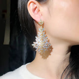 CZ Leaf Drop Big Statement Wedding Earring 3 Tone Dubai Brides Jewelry