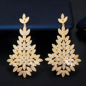 CZ Leaf Drop Big Statement Wedding Earring 3 Tone Dubai Brides Jewelry