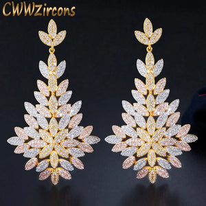 CZ Leaf Drop Big Statement Wedding Earring 3 Tone Dubai Brides Jewelry