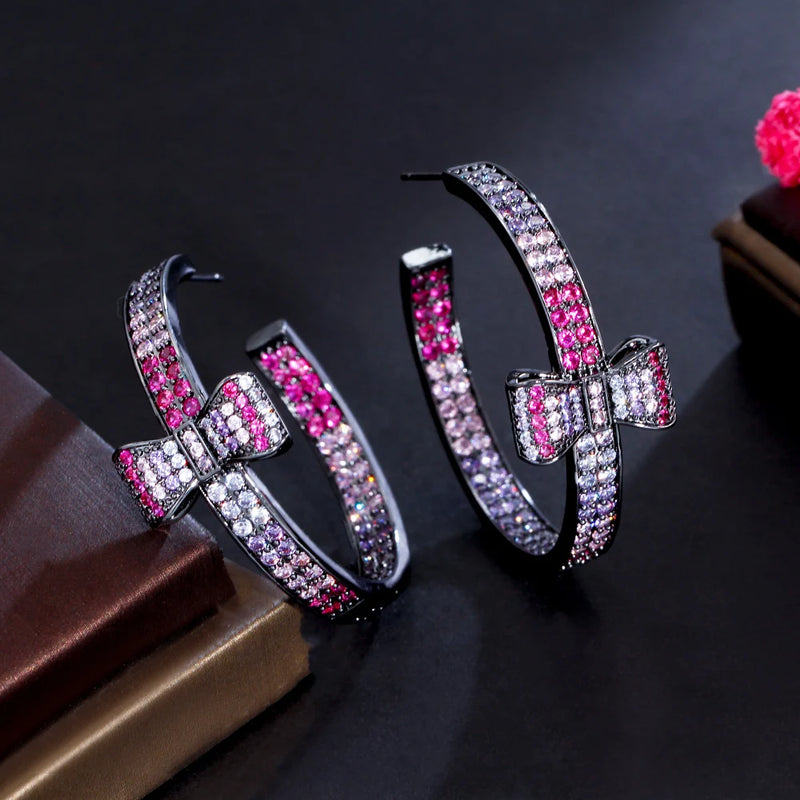 Purple Red Bowknot Double Sided Hoop Earrings CZ383