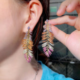 CWWZircons Multicolor CZ Long Dangle Feather Earrings CZ939