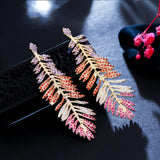 CWWZircons Multicolor CZ Long Dangle Feather Earrings CZ939