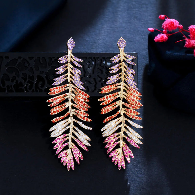 CWWZircons Multicolor CZ Long Dangle Feather Earrings CZ939