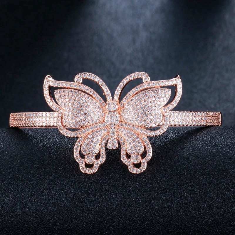 CWWZircons Micro Pave CZ Stone Butterfly Shape Big Rose Open Bangle