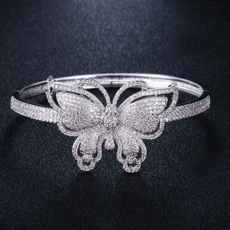 CWWZircons Micro Pave CZ Stone Butterfly Shape Big Rose Open Bangle