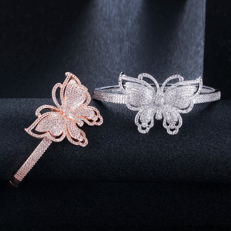 CWWZircons Micro Pave CZ Stone Butterfly Shape Big Rose Open Bangle