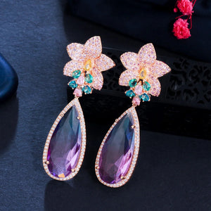 Micro Pave Pink CZ Flower Water Drop Earrings