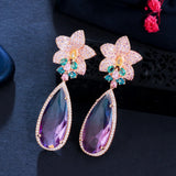 Micro Pave Pink CZ Flower Water Drop Earrings