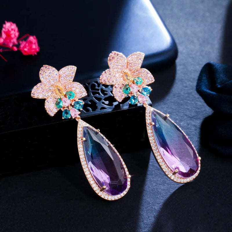 Micro Pave Pink CZ Flower Water Drop Earrings