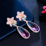 Micro Pave Pink CZ Flower Water Drop Earrings