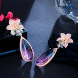 Micro Pave Pink CZ Flower Water Drop Earrings
