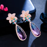 Micro Pave Pink CZ Flower Water Drop Earrings