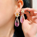 Micro Pave Pink CZ Flower Water Drop Earrings