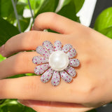 CWWZircons Pave Pink Red CZ Flower Chunky Rings for Bridal Party