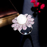 CWWZircons Pave Pink Red CZ Flower Chunky Rings for Bridal Party