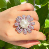 CWWZircons Pave Pink Red CZ Flower Chunky Rings for Bridal Party