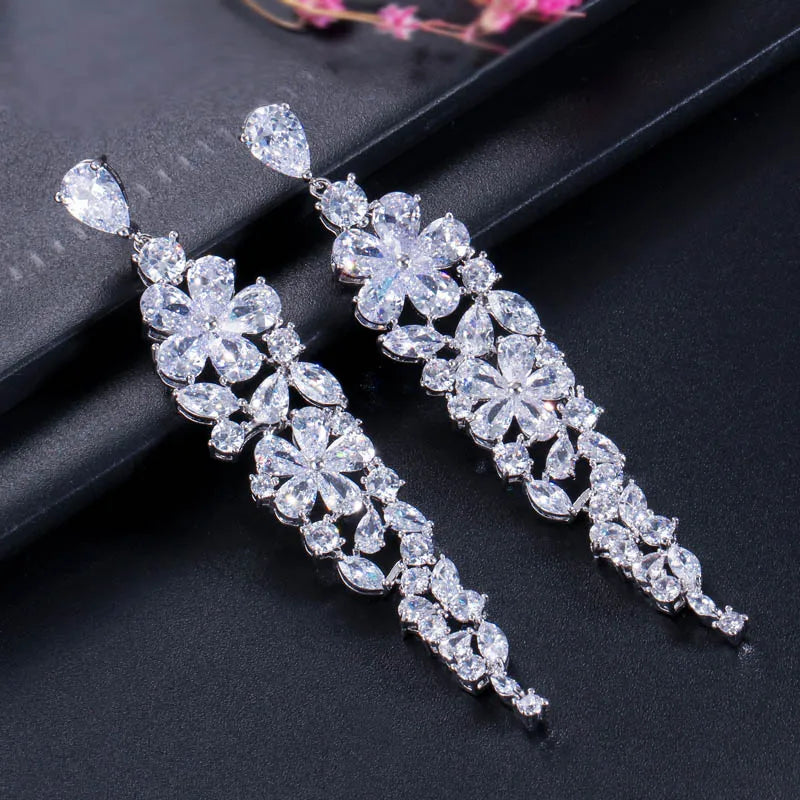 CWWZircons Flower CZ Dangling Earrings Bridal Wedding Jewelry