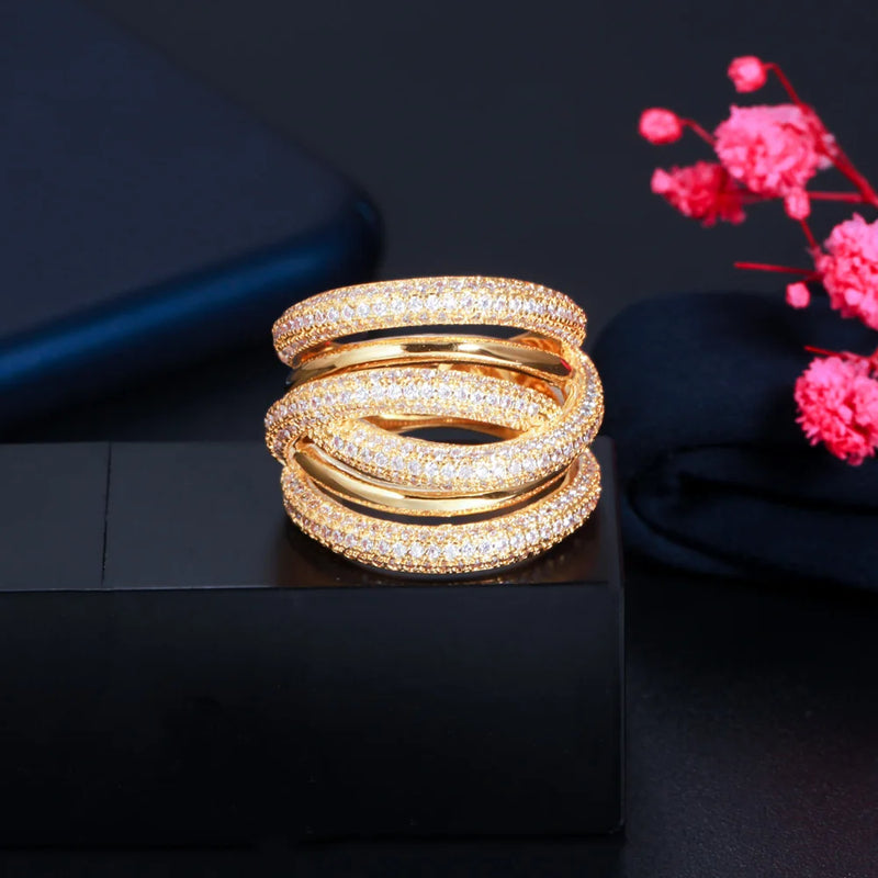 Layered Twist Lines African Cubic Zirconia Wedding Engagement Ring Dubai Plated