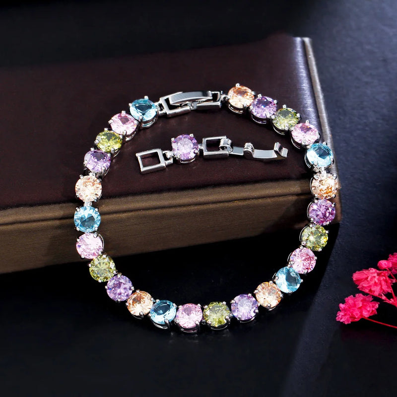 CWWZircons Multicolor Round CZ Silver Chain Tennis Bracelet Gift