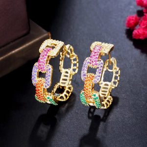 CWWZircons Colorful CZ Geometric Chain Hoop Earrings