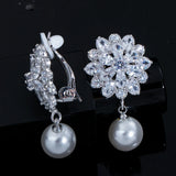CZ Crystal Dangle Drop Pearl Flower Clip on Earrings CZ410