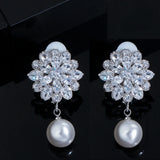 CZ Crystal Dangle Drop Pearl Flower Clip on Earrings CZ410