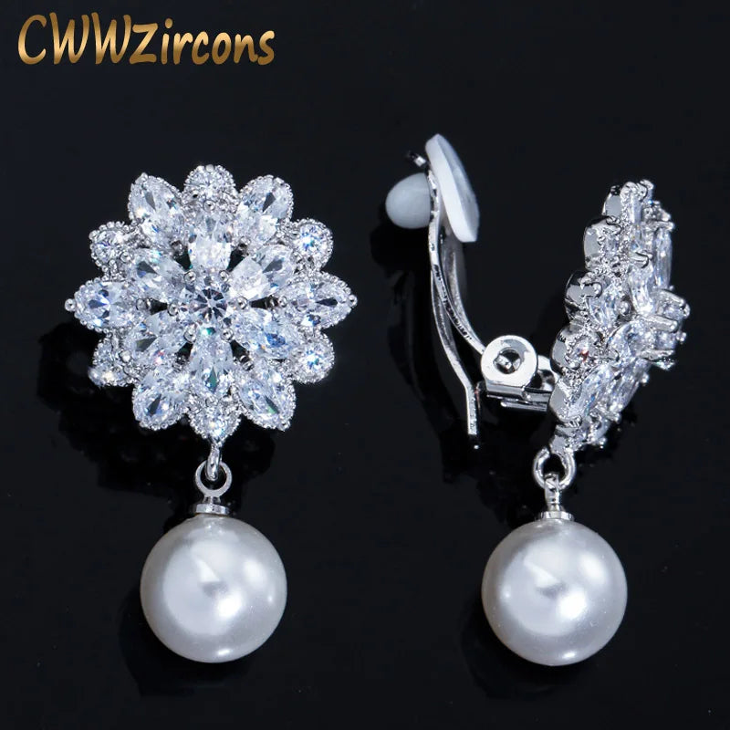 CZ Crystal Dangle Drop Pearl Flower Clip on Earrings CZ410
