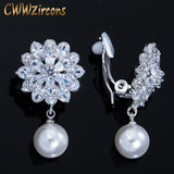 CZ Crystal Dangle Drop Pearl Flower Clip on Earrings CZ410