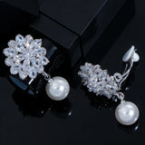 CZ Crystal Dangle Drop Pearl Flower Clip on Earrings CZ410