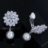CZ Crystal Dangle Drop Pearl Flower Clip on Earrings CZ410