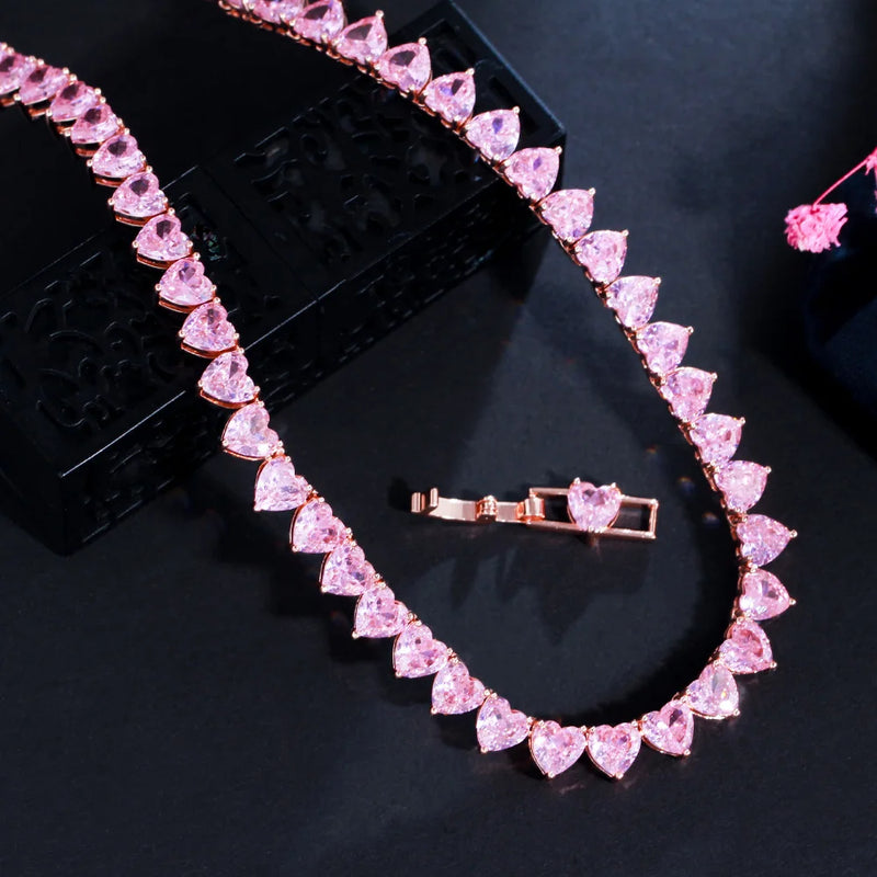 CWWZircons Pink CZ Heart Tennis Choker Necklace for Women Gift