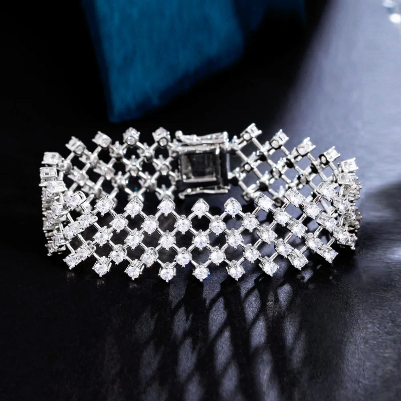 CWWZircons Layered Net CZ Stone Wide Wedding Bracelet
