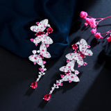 Pink Red CZ Butterfly Earrings Long Dangle Women Party Wedding Jewelry CZ011