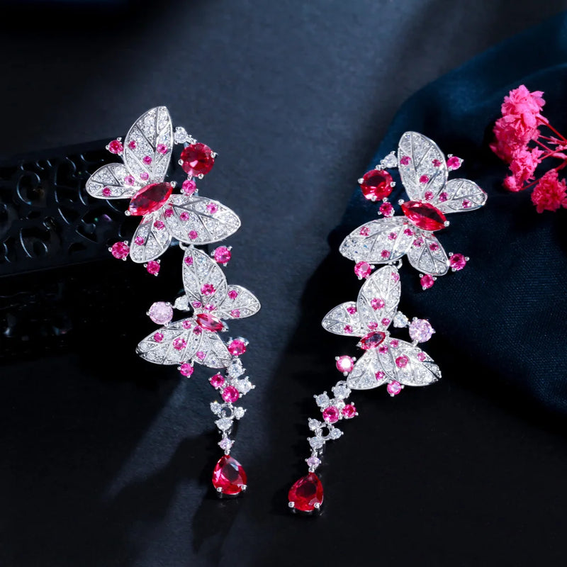 Pink Red CZ Butterfly Earrings Long Dangle Women Party Wedding Jewelry CZ011