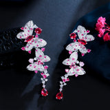 Pink Red CZ Butterfly Earrings Long Dangle Women Party Wedding Jewelry CZ011