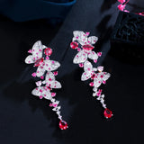 Pink Red CZ Butterfly Earrings Long Dangle Women Party Wedding Jewelry CZ011