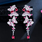Pink Red CZ Butterfly Earrings Long Dangle Women Party Wedding Jewelry CZ011