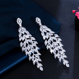 CZ Leaf Feather Wedding Earrings Dangly Drop CZ945