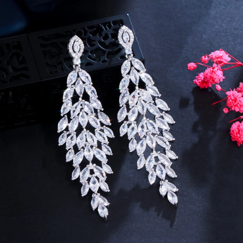 CZ Leaf Feather Wedding Earrings Dangly Drop CZ945